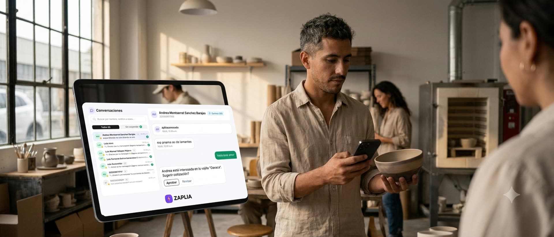 Un artesano revisa en su tableta una sugerencia de ZAPLIA con botones de Aprobar o Revisar antes de enviar una cotización